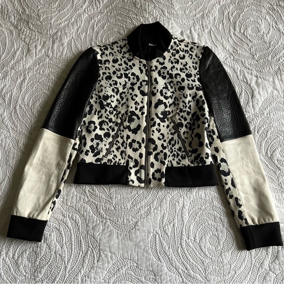 Nicholas - Leopard Print Leather Combo Bomber Jacket - Picture 5 of 16
